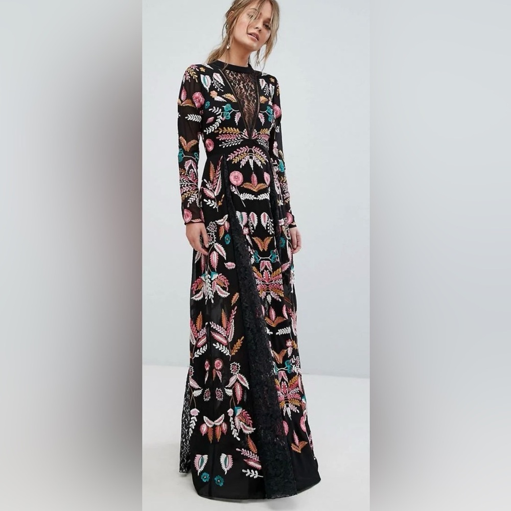 Black Long-Sleeve Embroidered Maxi Dress